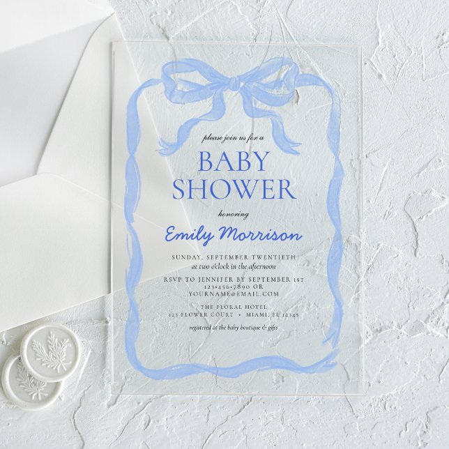 Invitations En Acrylique Baby shower Bow Bow en aquarelle bleu ruban (Créateur téléchargé)