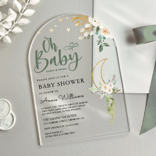 Invitations En Acrylique Baby shower d'arc de lune d'ivoire d'or vert Sage