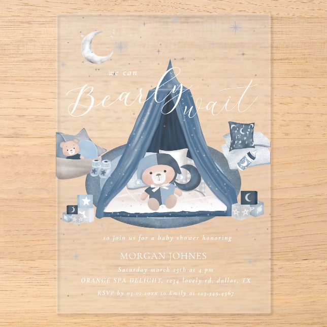Invitations En Acrylique Baby shower d'attente rapide céleste (Recto)