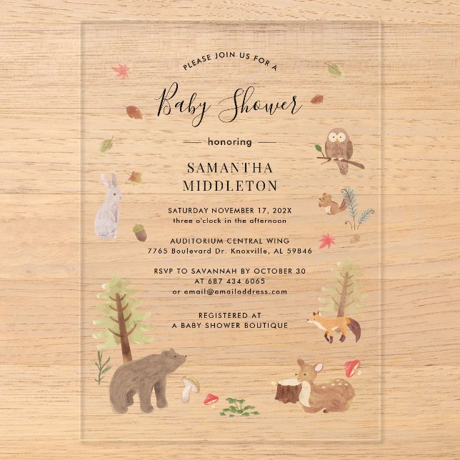 Invitations En Acrylique Baby shower d'automne des animaux rustiques des bo (Recto)