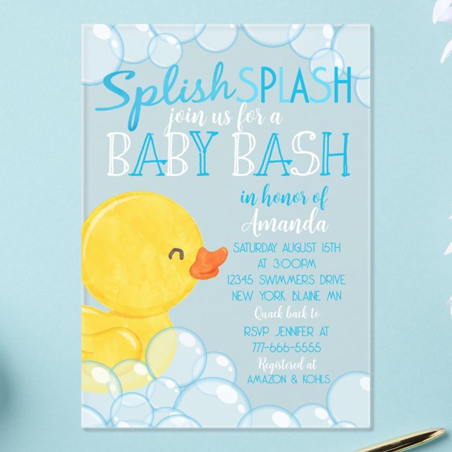 Invitations En Acrylique Baby shower de canard en caoutchouc Frosted Acryli (Watercolor Rubber Ducky Baby Shower Frosted Acrylic Clear Invitations)