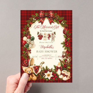 Invitations En Acrylique Baby Shower de Noël à Carreaux Rouges