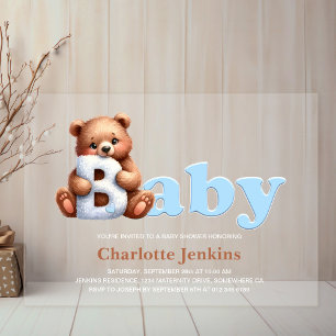 Invitations En Acrylique Baby shower d'ours bleu Teddy