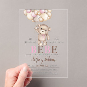 Invitations En Acrylique Baby shower d'ours rose acrylique fille espagnole