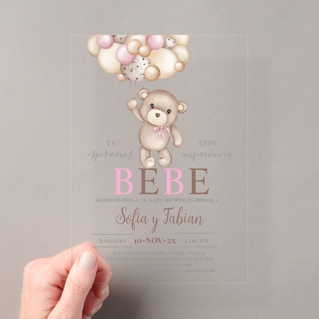 Invitations En Acrylique Baby shower d'ours rose acrylique fille espagnole (In situ (ordinateur de poche))
