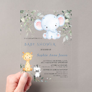 Invitations En Acrylique Baby Shower Éléphant Bébé et ses Amis Safari Garço