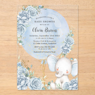Invitations En Acrylique Baby shower éléphant bleu bleu doux à bulle
