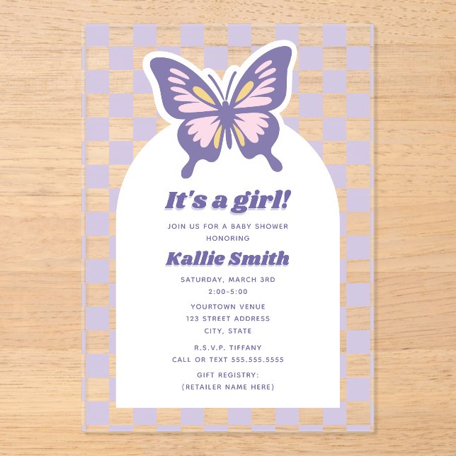 Invitations En Acrylique Baby shower fille en carton papillon Lavender (Recto)