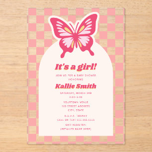 Invitations En Acrylique Baby shower fille en carton rose papillon