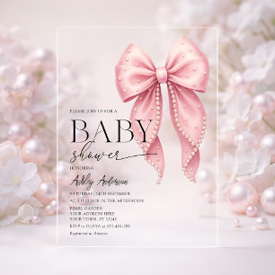 Invitations En Acrylique Baby Shower Fille Ruban Rose Perle