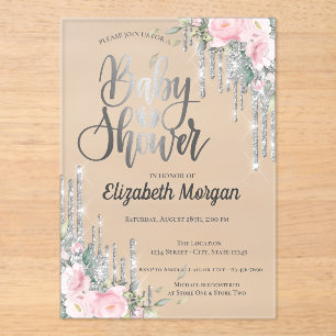 Invitations En Acrylique Baby Shower Fleur Rose Gold aux Gouttes d'Argent