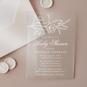 Invitations En Acrylique Baby Shower Fleurs Blanches Esquisées