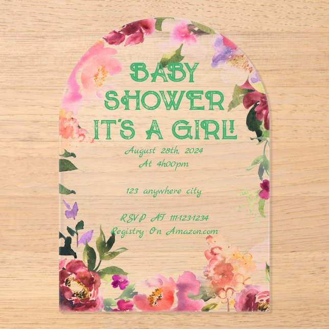 INVITATIONS EN ACRYLIQUE BABY SHOWER FLORAL BLUSH (Recto)