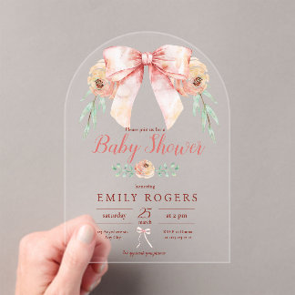 Invitations En Acrylique Baby shower Floral Coquette Bow