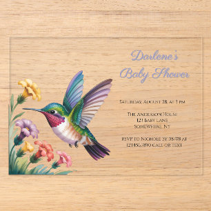 Invitations En Acrylique Baby Shower Floral Fantaisiste à l'Hummingbird