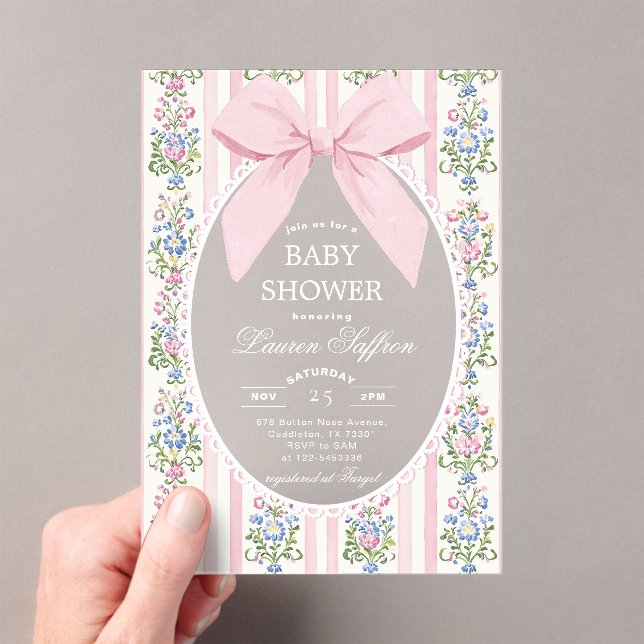 Invitations En Acrylique Baby shower floral Whimsical Rose Bow (In situ (ordinateur de poche))