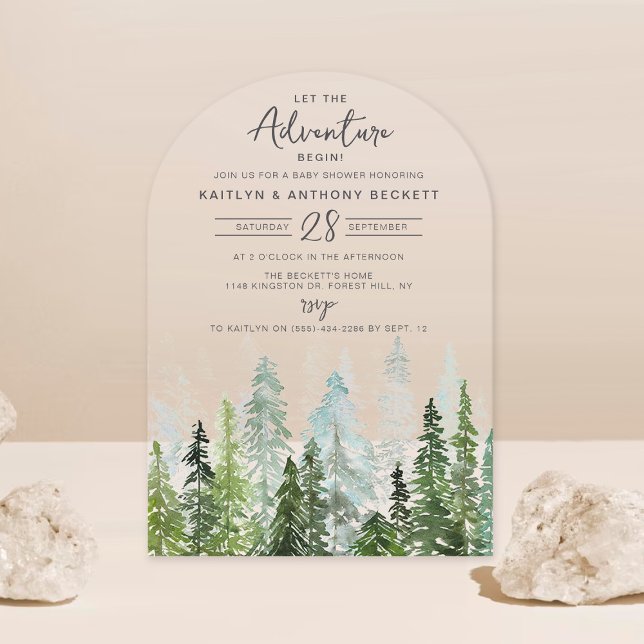 Invitations En Acrylique Baby shower forestier de pins d'aquarelle (Créateur téléchargé)