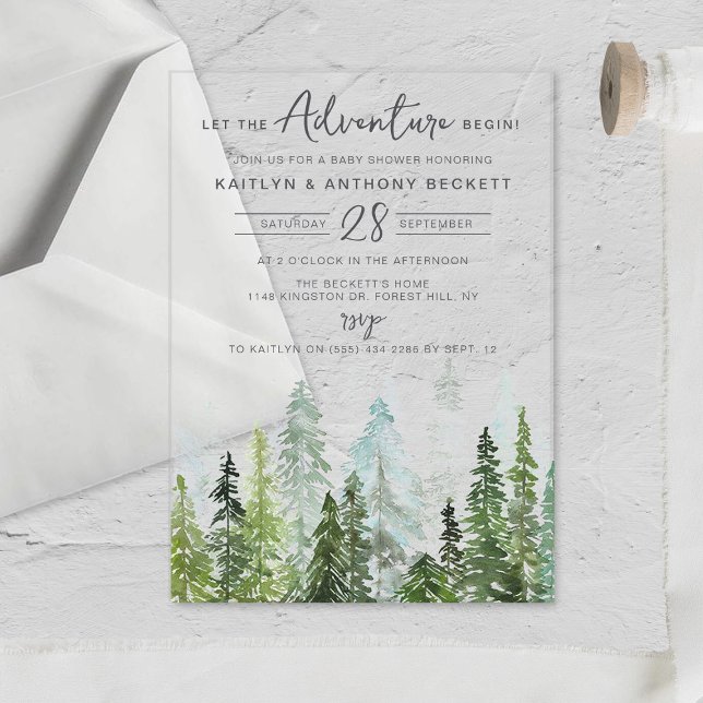 Invitations En Acrylique Baby shower forestier de pins d'aquarelle (Créateur téléchargé)