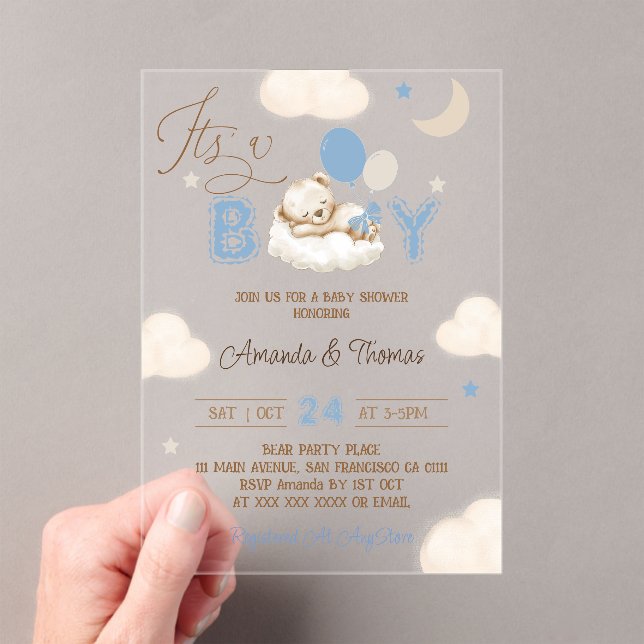 Invitations En Acrylique Baby shower Garçon Bear Blue (In situ (ordinateur de poche))