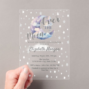 Invitations En Acrylique Baby Shower Lune Étoiles et Nuages Lavande