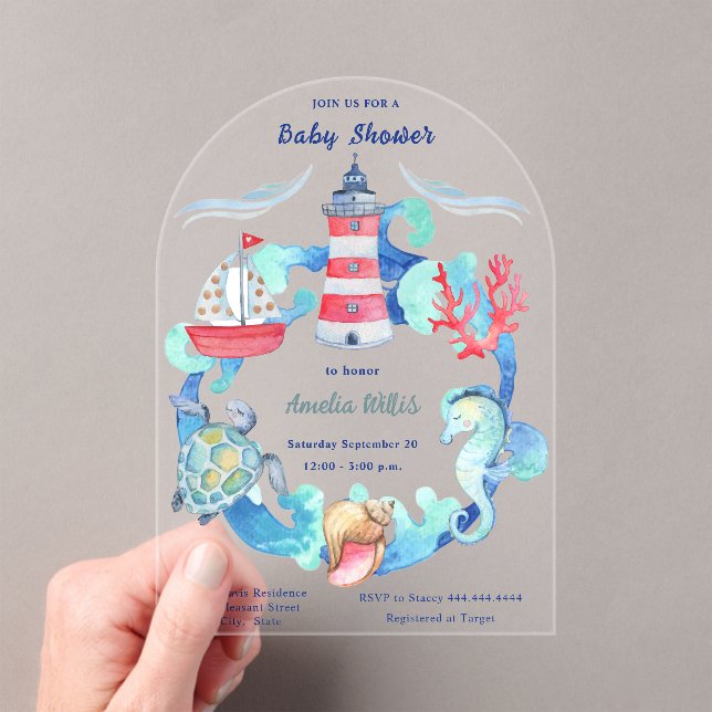 Invitations En Acrylique Baby shower Nautique Neutre Sexe Aquarelle (In situ (ordinateur de poche))