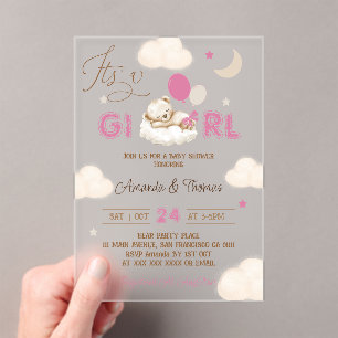 Invitations En Acrylique Baby Shower Ours Rose