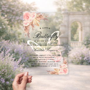 Invitations En Acrylique Baby shower papillon rose fille herbe de pampa tra