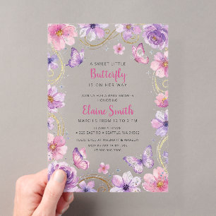 Invitations En Acrylique Baby Shower Papillon Rose Violet