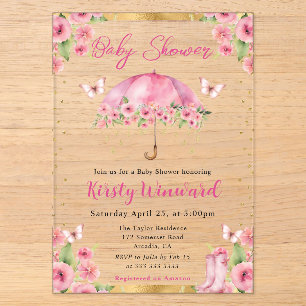 Invitations En Acrylique Baby shower parapluie de printemps Aquarelle rose 