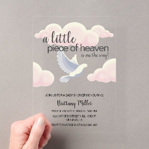 Invitations En Acrylique Baby Shower Petit Morceau de Ciel Nuages Colombe