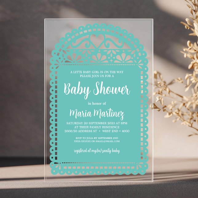 Invitations En Acrylique Baby shower rose inspiré par Papel Picado (Simple and elegant baby shower invitation, inspired by the intricate and colorful papel picado flags)