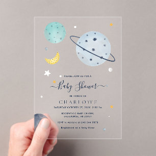 Invitations En Acrylique Baby shower spatial moderne