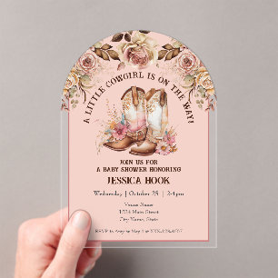 Invitations En Acrylique Baby-Shower Western Boho Rose Fleurie