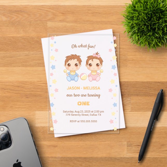 Invitations En Acrylique Baby Twins Garçon fille premier anniversaire Trans (Insitu (Carte d'invitation))