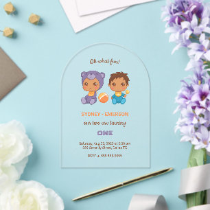 Invitations En Acrylique Baby Twins Premier anniversaire Garçon Violet Ours