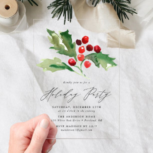 Invitations En Acrylique Baies de houx à l'aquarelle élégante pour une fête