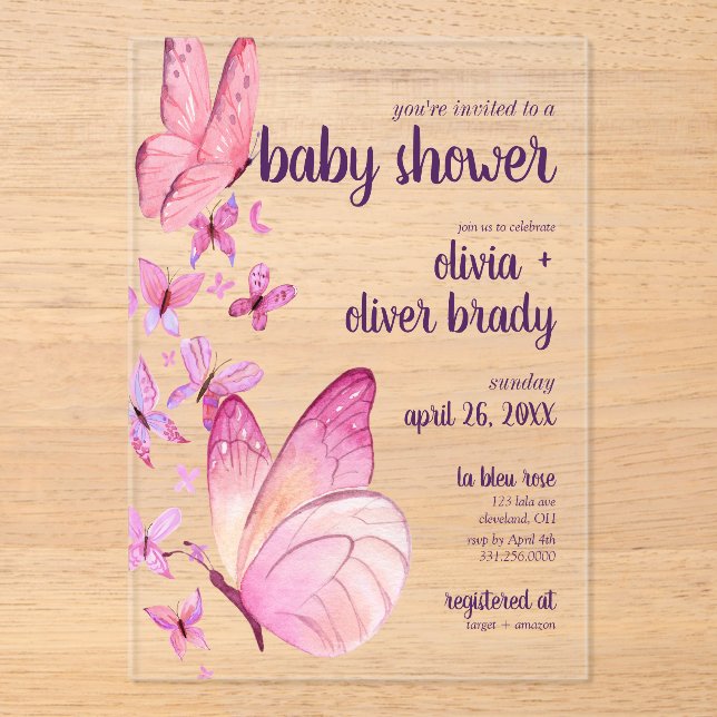 Invitations En Acrylique Baisers à papillon et voeux pour bébé | Baby showe (Recto)
