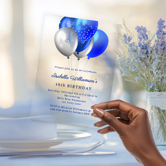 Invitations En Acrylique Ballons bleu royal transparents luxe anniversaire
