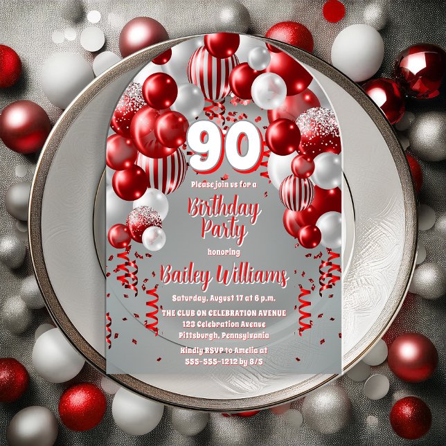 Invitations En Acrylique Ballons de fête rouge 90e fête d'anniversaire (Red, Silver Tone and White  Celebration Balloons "90" 90th Birthday Party Acrylic Invitation)