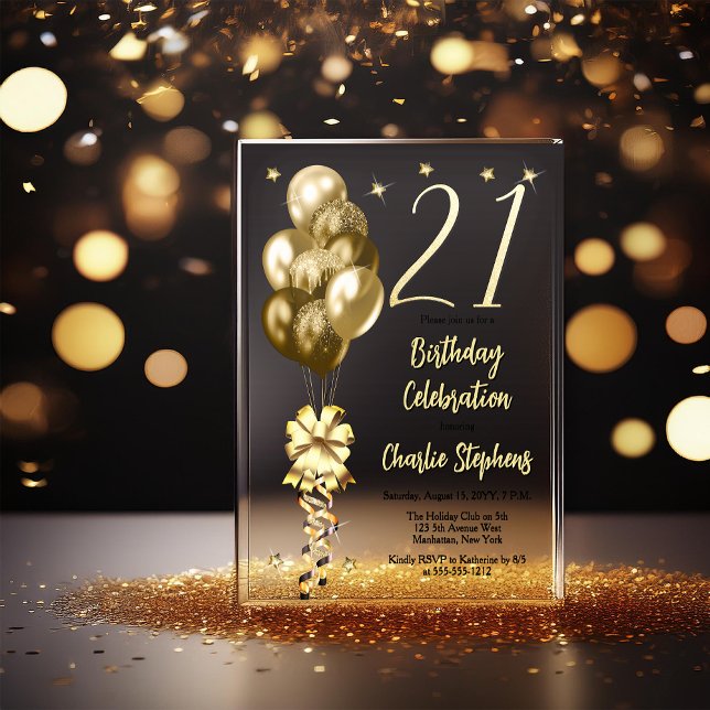 Invitations En Acrylique Ballons d'or élégants sur Black 21st Birthday Part (Elegant Faux Gold Glitter Accented Balloons on Fade to Black Backing 21st Birthday Acrylic Invite)