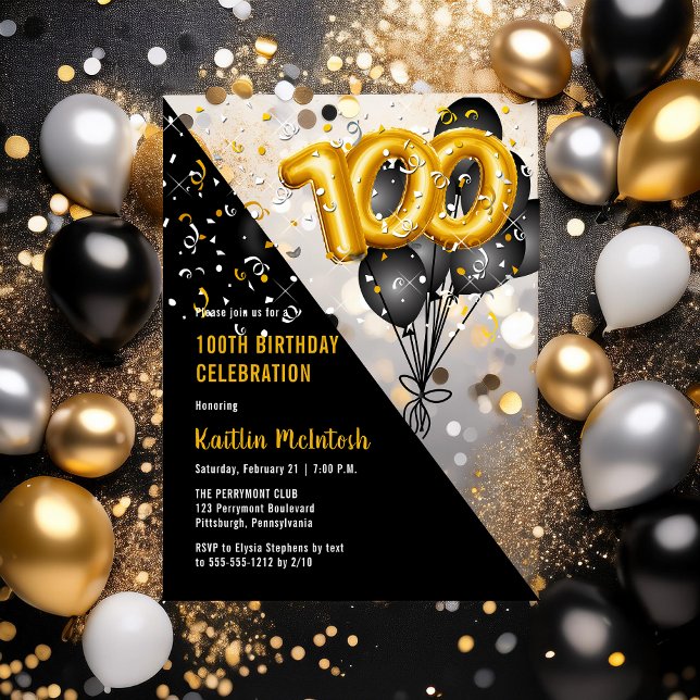 Invitations En Acrylique Ballons élégants Noir | Gold 100th Birthday Party (Balloons Elegant Black and Gold Tone 100th Birthday Party Acrylic Invitations)