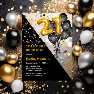 Invitations En Acrylique Ballons élégants Noir   Gold 21st Birthday Party