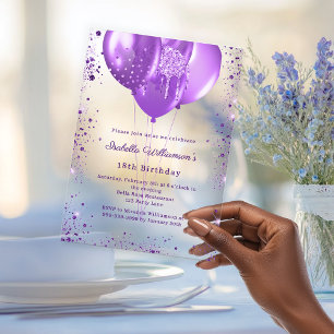 Invitations En Acrylique Ballons violets luxe anniversaire clair
