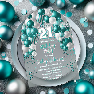Invitations En Acrylique Balloons de fête Aqua Celebration pour les 21 ans