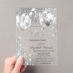 Invitations En Acrylique Balloons Gouttes de Paillettes Argentées Élégantes