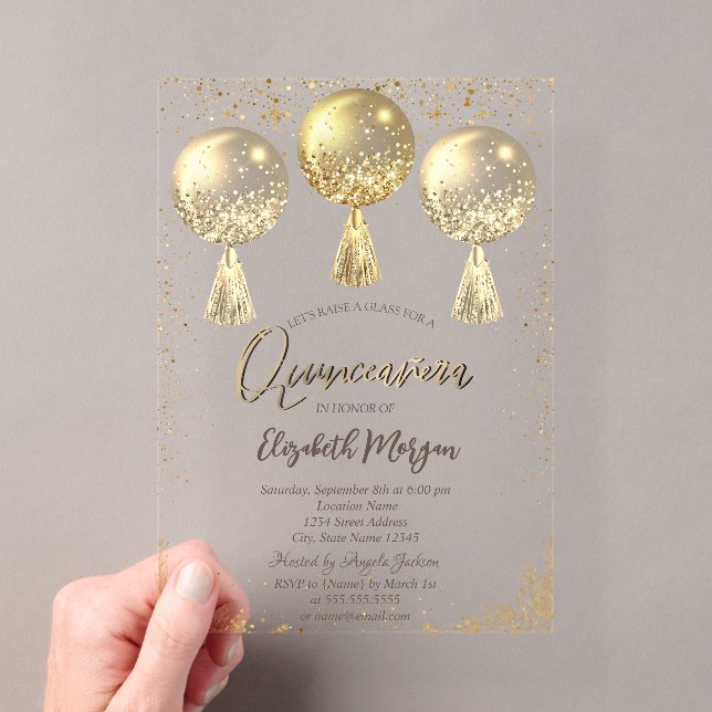Invitations En Acrylique Balloons Or Luxe Confetti Stars Quinceañera (In situ (ordinateur de poche))