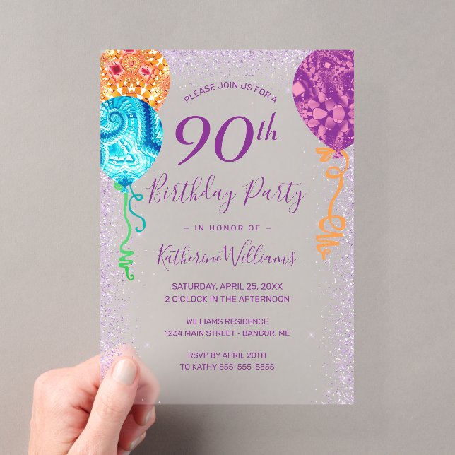 Invitations En Acrylique Balloons pourpres Aqua moderne 90e fête d'annivers (In situ (ordinateur de poche))