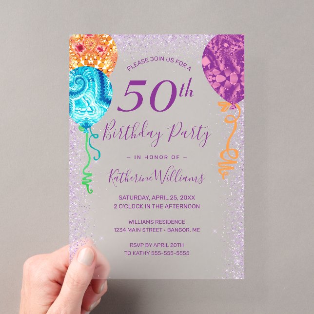 Invitations En Acrylique Balloons violets Aqua moderne 50e fête d'anniversa (In situ (ordinateur de poche))