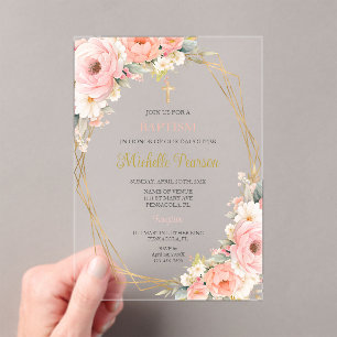 Invitations En Acrylique Baptême à fleurs roses