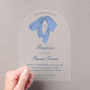 Invitations En Acrylique baptême à l'aquarelle bleu ruban